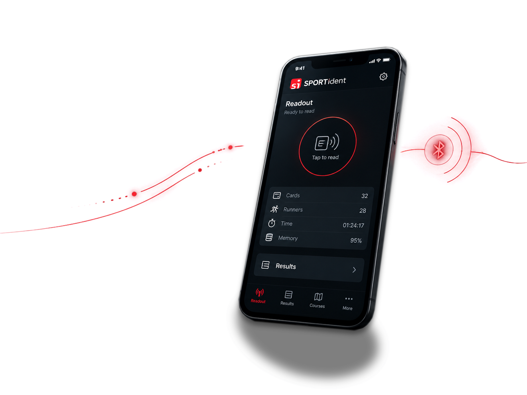 Smartphone mit App „SPORTident“ zeigt Menü mit Optionen wie „Cards“, „Runners“, „Time“ und „Memory“ sowie Symbol für Bluetooth und eine rote grafische Darstellung.