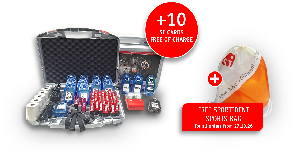 Öffnbares Etui mit mehreren SI-Karten und Werbebanner mit "+10 SI-CARDS FREE OF CHARGE" und "FREE SPORTIDENT SPORTS BAG for all orders from 27.10.26"