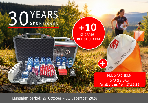 Grafik mit dem Text 30 YEARS SPORTIDENT und einem Kreis mit der Aufschrift +10 SI-CARDS FREE OF CHARGE.